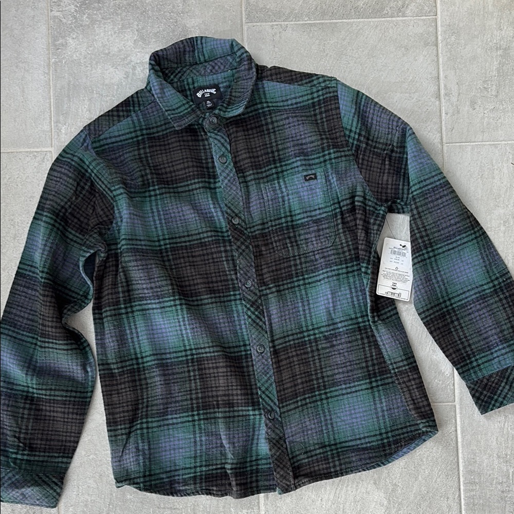 Billabong Black and Green Plaid Shirt